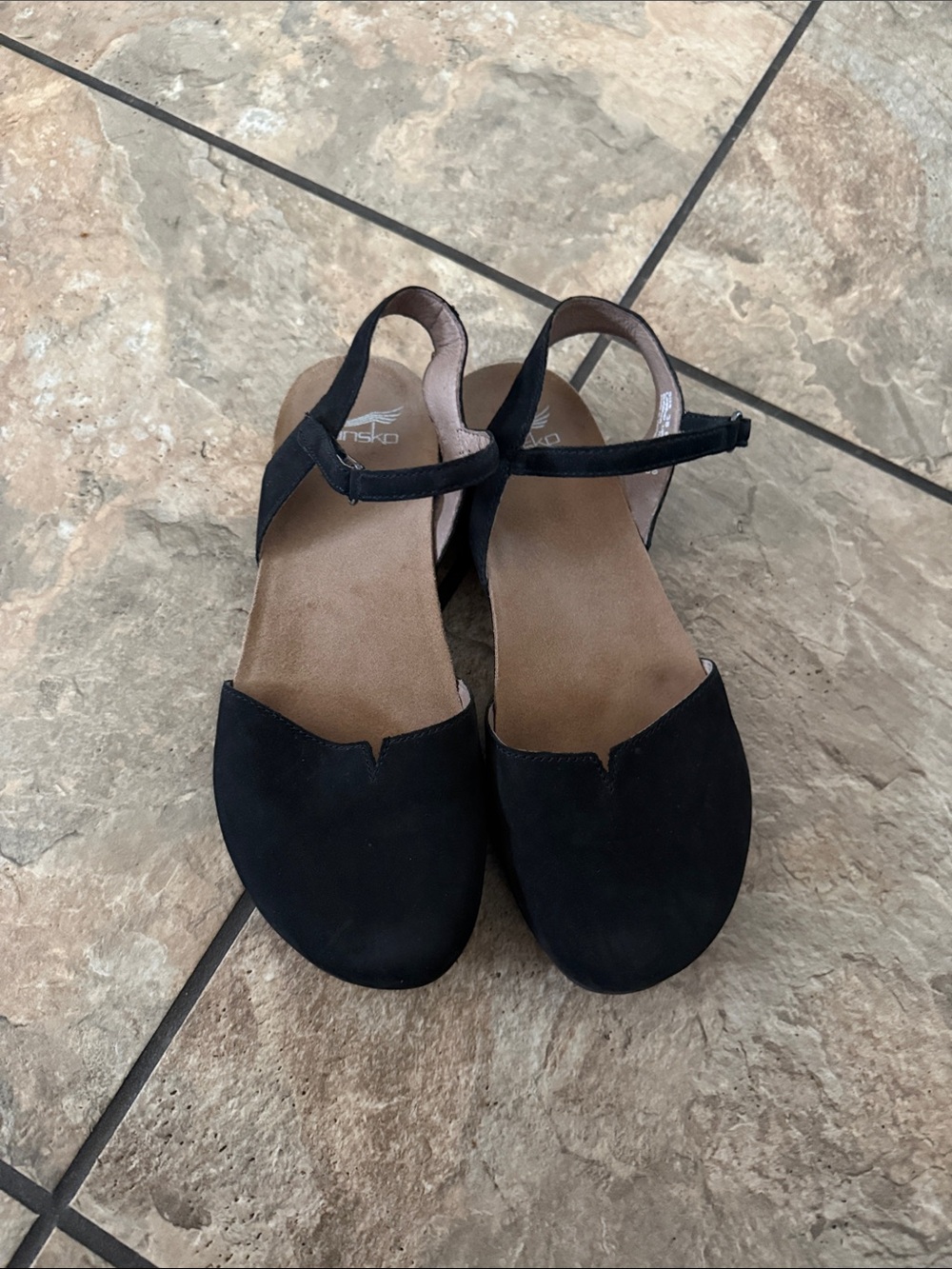 Dansko Black Suede Ankle-Strap Flats